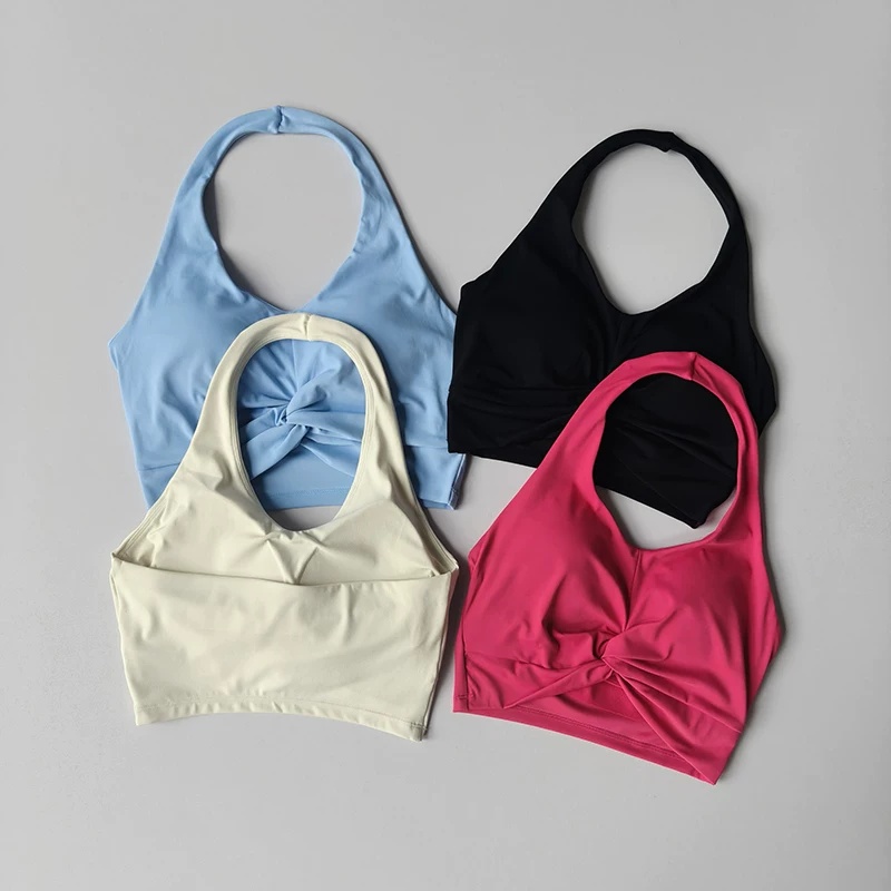 Pilates Yoga Top - สปอร์ตบราแบบผูกคอ ดีไซน์บิดเกลียว สำหรับผู้หญิง มีฟองน้ำในตัว เสื้อครอปโยคะ ระบายอากาศ
