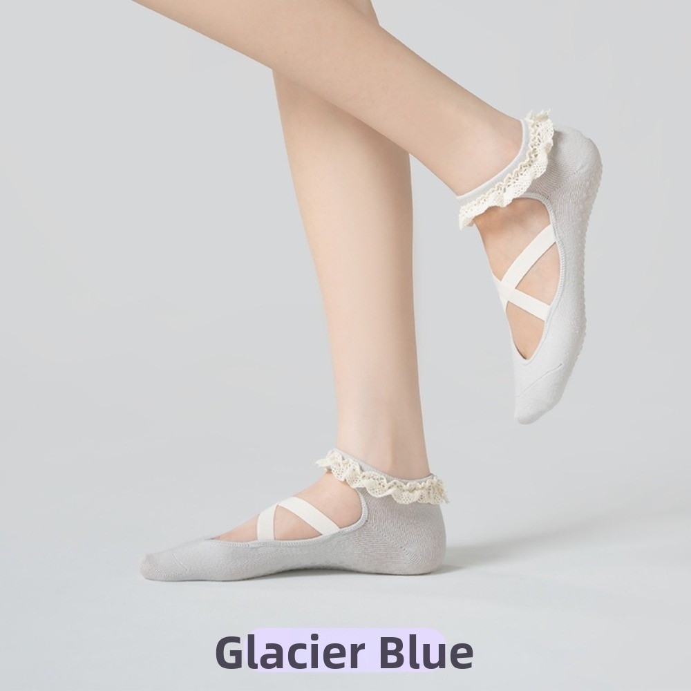 Pilates Ankle Strap - ของขวัญ ถุงเท้าโยคะกันลื่น ขอบลูกไม้ ระบายอากาศได้ดี ถุงเท้าข้อสั้นแบบตัดเฉียง สายไขว้