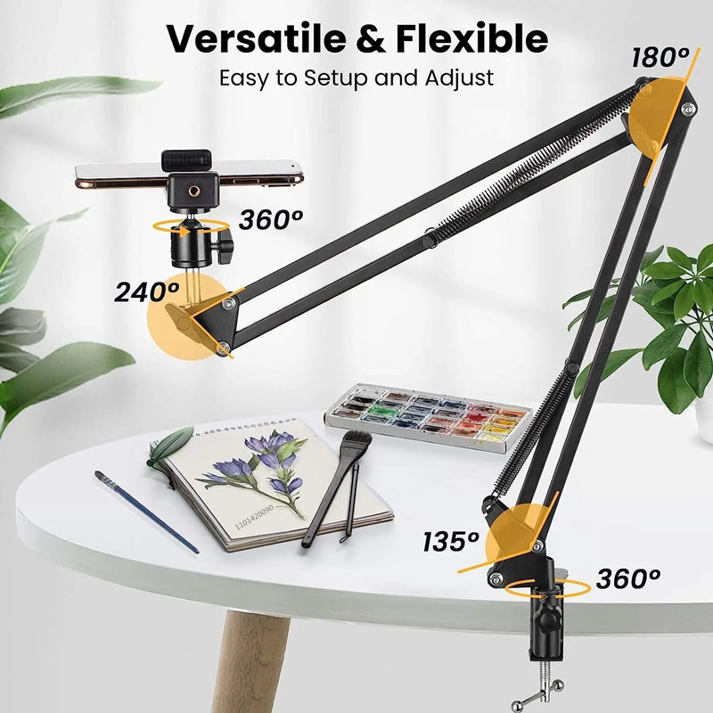 Inversion Table Fold - ขาตั้งกล้องแบบแขนปรับได้สำหรับวางโทรศัพท์บนโต๊ะ พับเก็บได้ ใช้สำหรับถ่ายวิดีโอสดบนเดสก์ท็อป แล็ปท็อป และถ่ายภาพมุมสูง