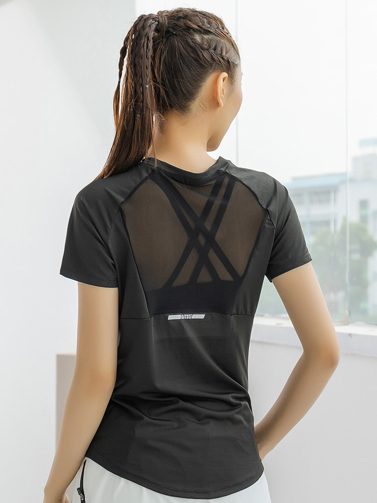 Pilates Yoga Top - เสื้อยืดออกกำลังกายผู้หญิงแขนสั้นผ้าตาข่าย ระบายอากาศ แห้งเร็ว ทรงเข้ารูป ยืดหยุ่น เหมาะสำหรับโยคะ