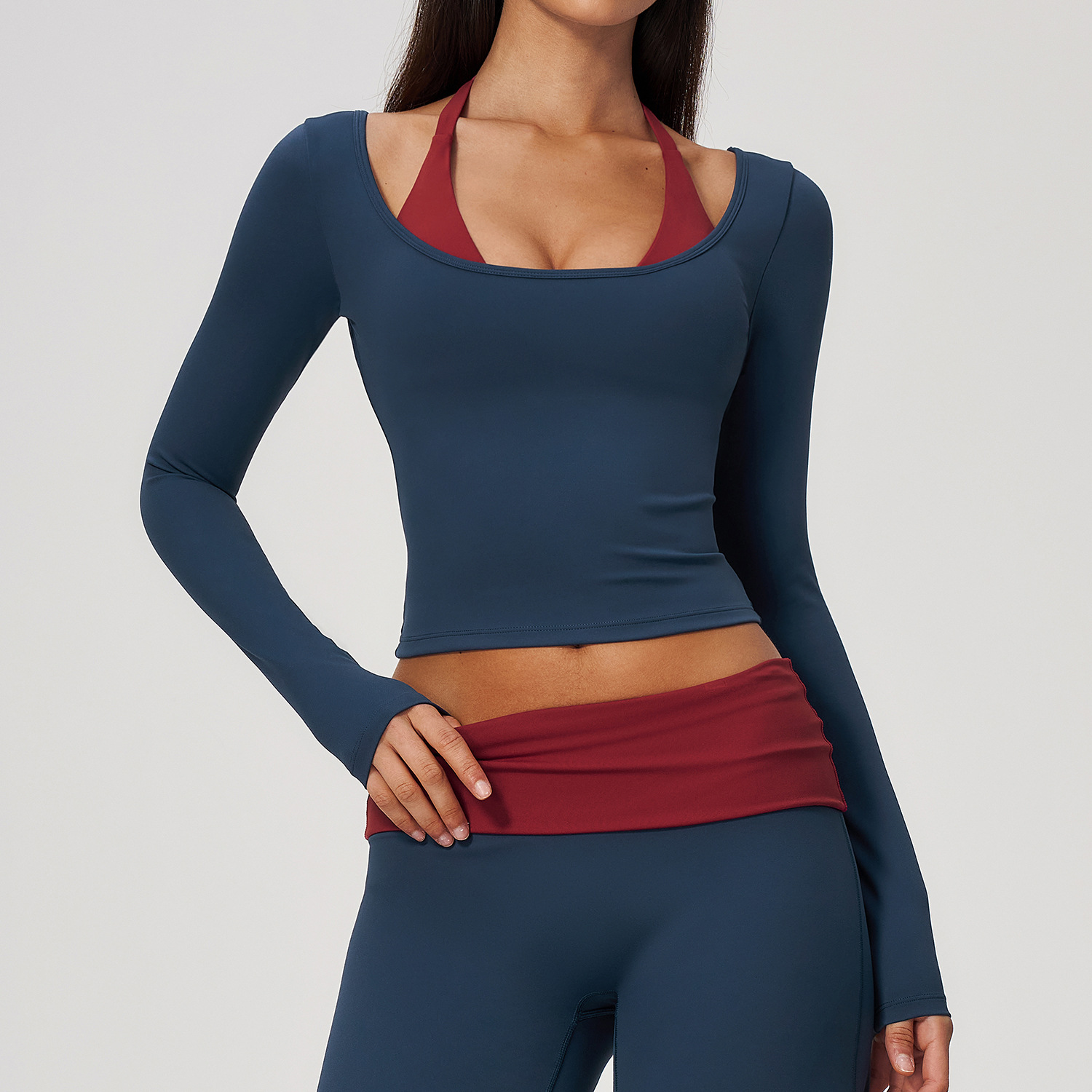 Pilates Yoga Top - เสื้อโยคะแบบสองชิ้นในหนึ่งเดียว แขนยาว ทรงเข้ารูป แห้งเร็ว ระบายอากาศได้ดี พร้อมบราในตัวที่ถอดออกได้